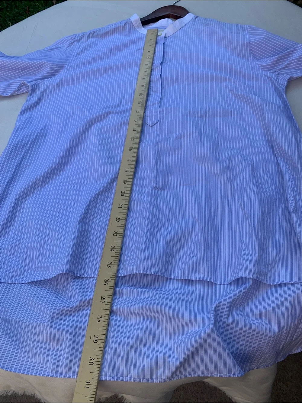 ANN MASHBURN Light Blue Pinstripe Grandad-Collar Shirt with White Accents